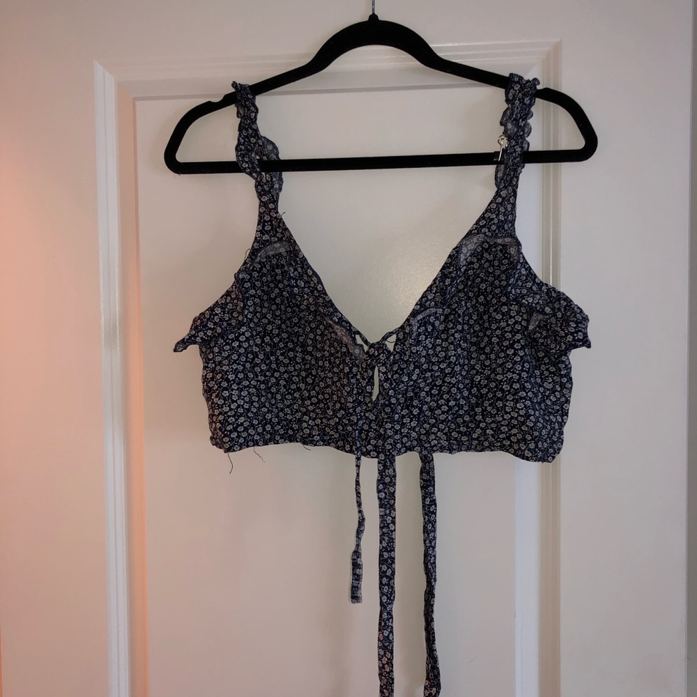 blue floral tie back crop top